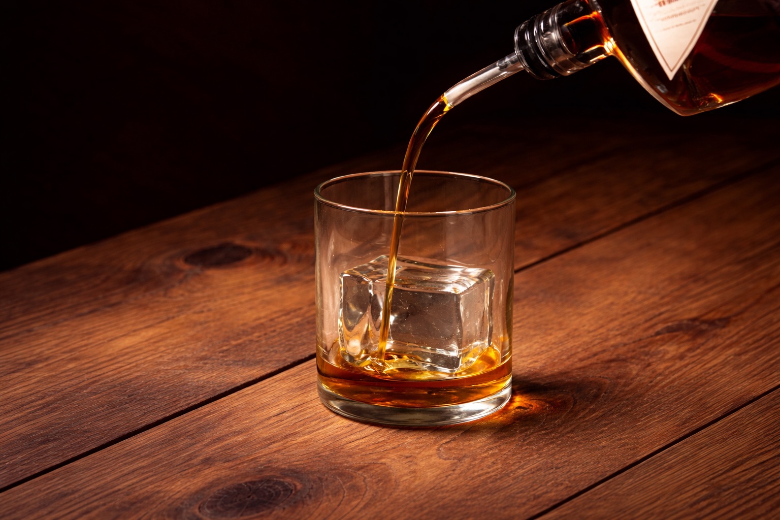 Whiskey pouring over ice on a warm wood bar top